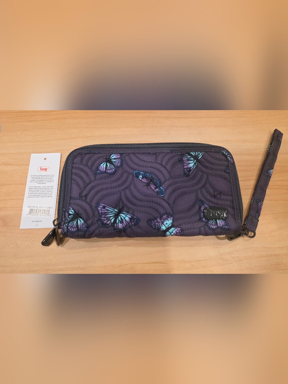 Lug Splits XL RFID Wristlet Wallet in the Butterfly Grey pattern NWT